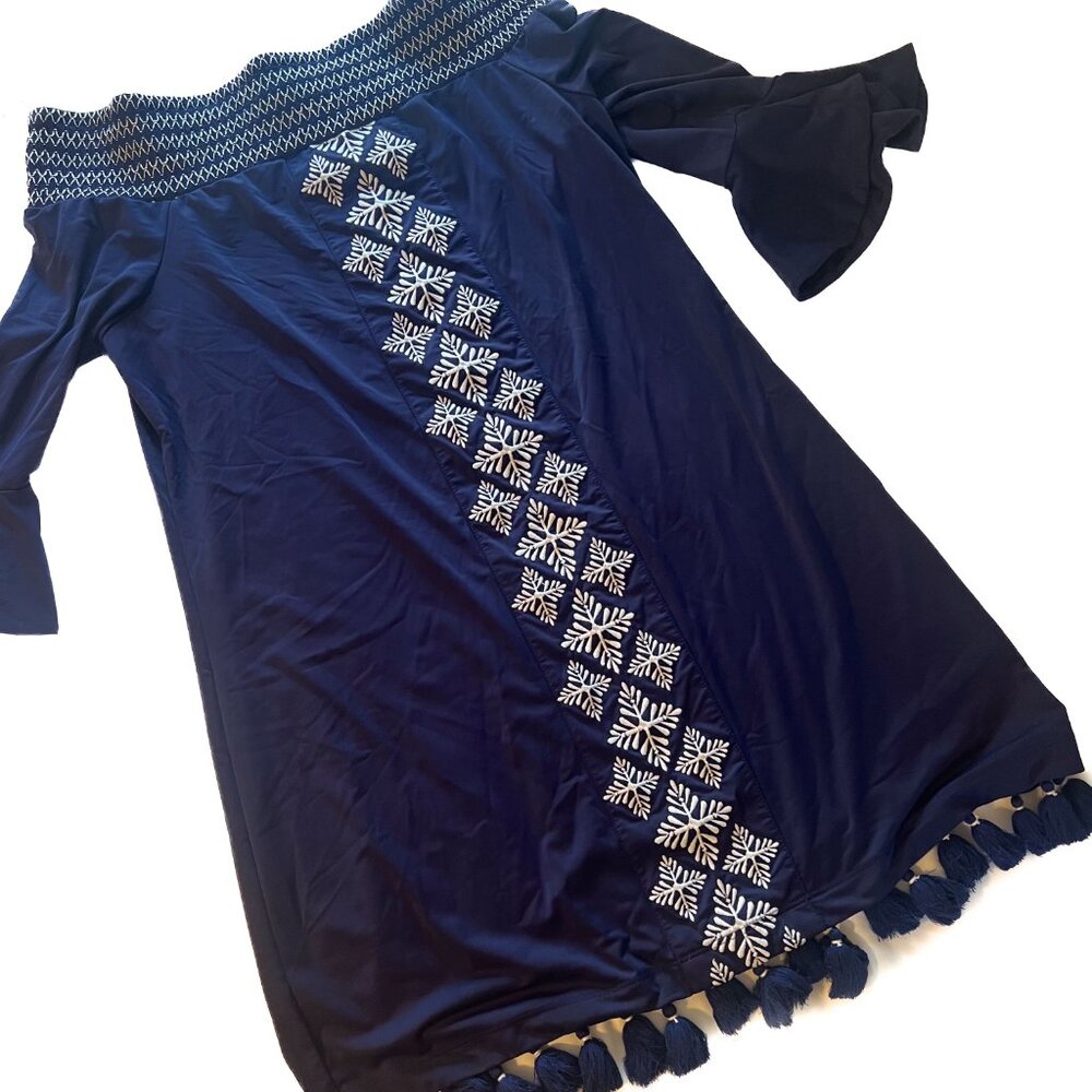 CABANA LIFE/Navy Embroidered Off The Shoulder Mini Dress Coverluxe Smocked Med - Picture 6 of 14